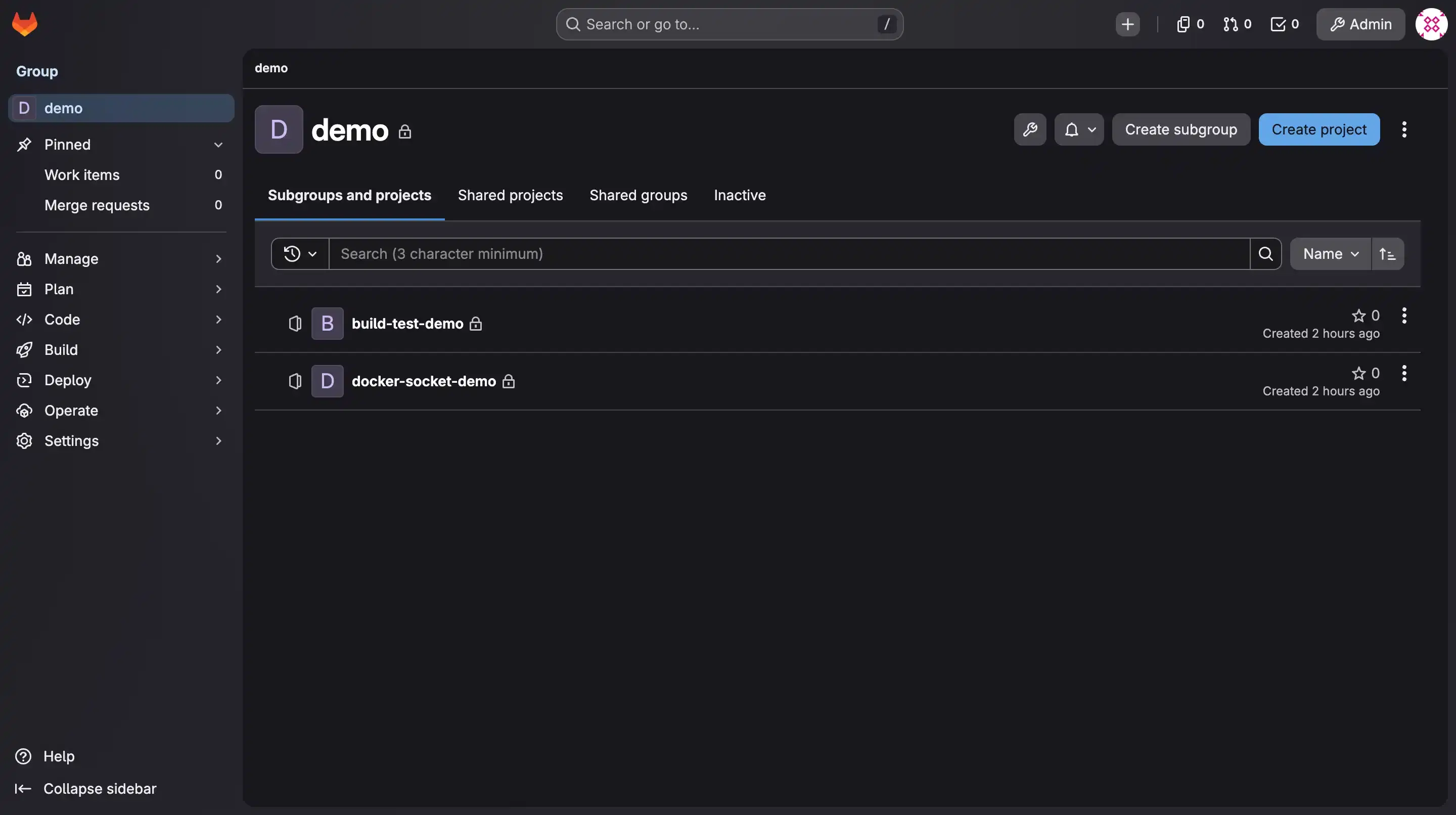 The demo group with both seeded projects