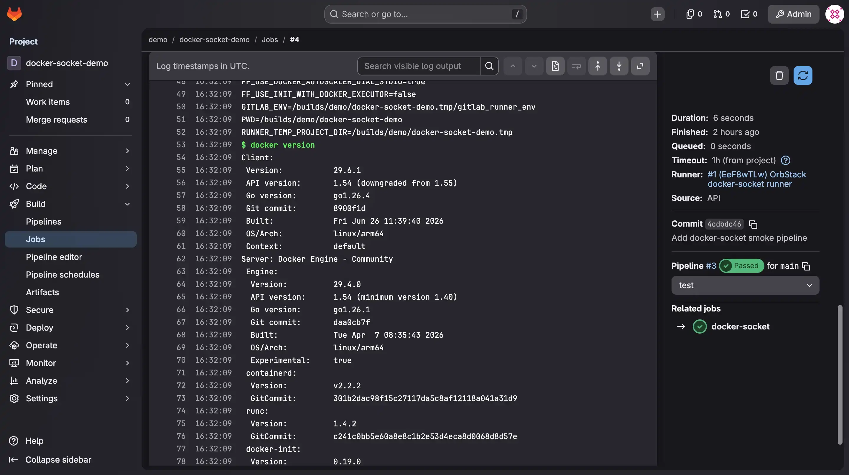 The docker-socket job log showing docker version reaching the host daemon