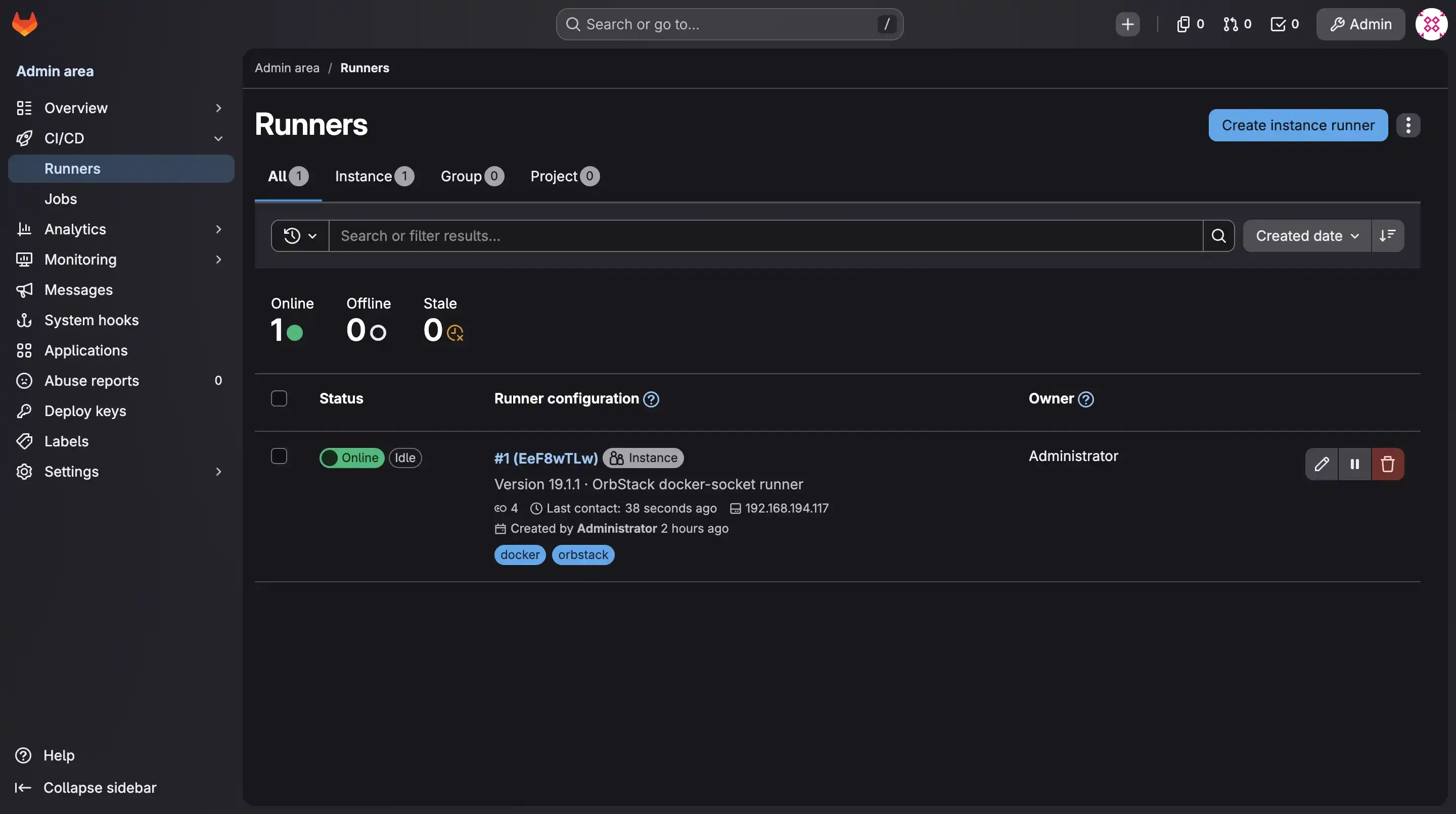 The seeded runner online in the GitLab admin area