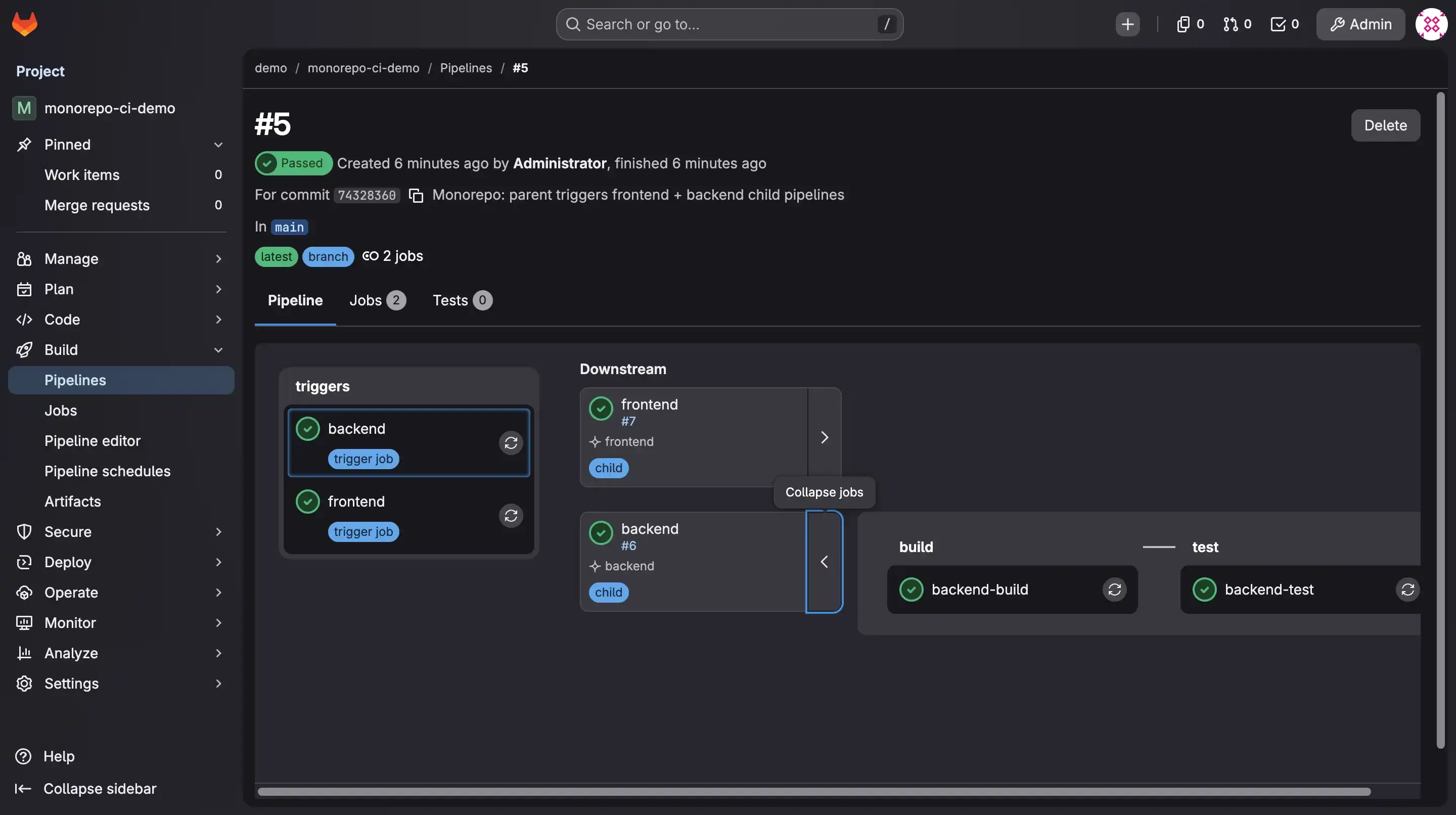 The monorepo parent pipeline with frontend and backend trigger jobs, the backend child expanded to show its build and test jobs