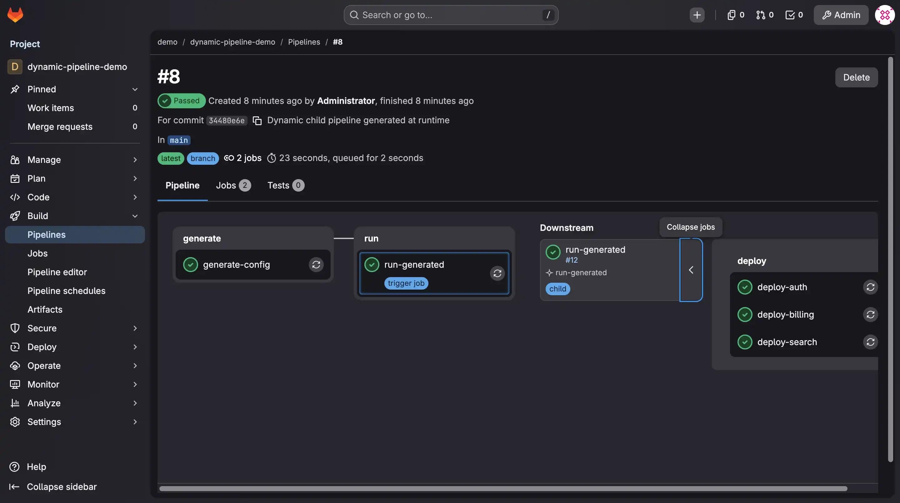 The dynamic pipeline: generate-config, then run-generated triggering a child whose deploy-auth, deploy-billing, deploy-search jobs were generated at runtime