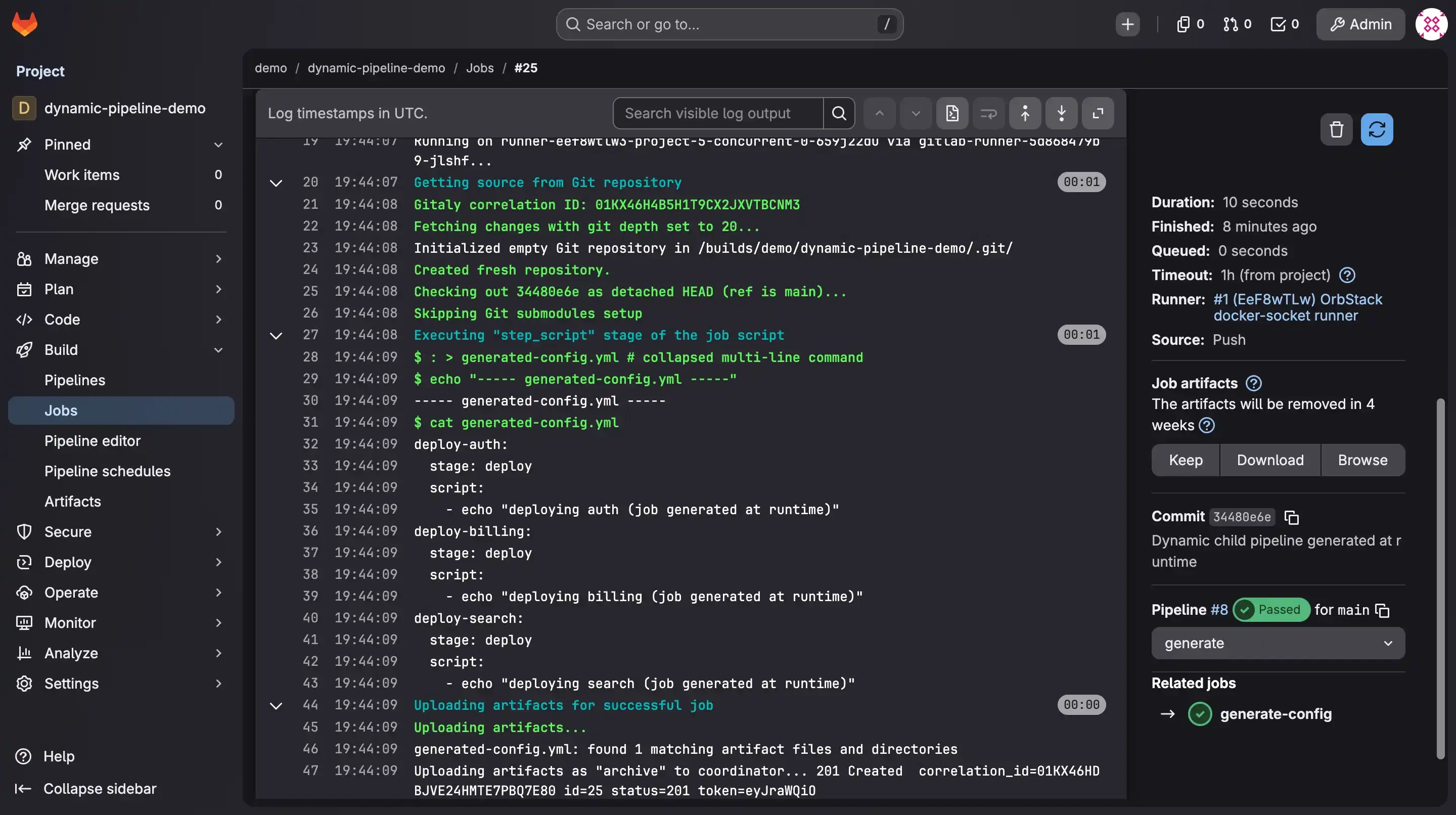 The generate-config job log printing the runtime-generated YAML with deploy-auth, deploy-billing and deploy-search jobs