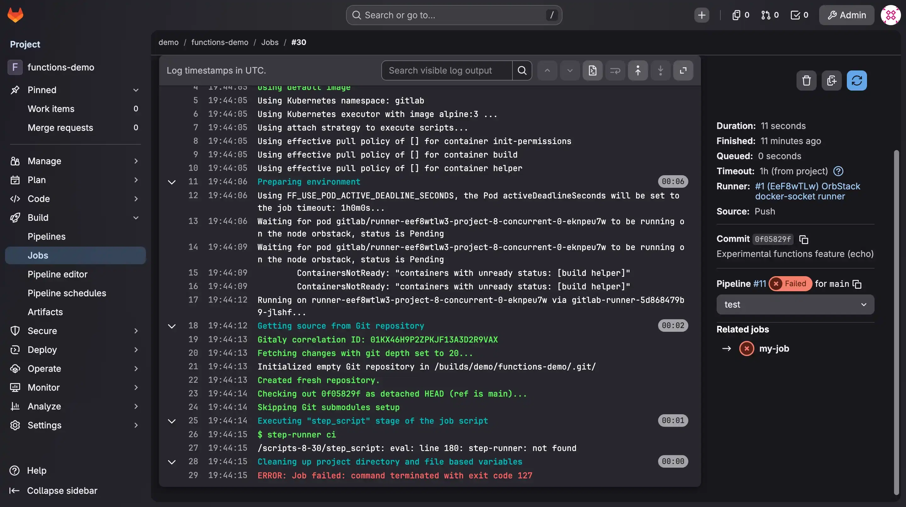 The functions job failing: the runner runs 'step-runner ci', which is not found, and the job exits 127