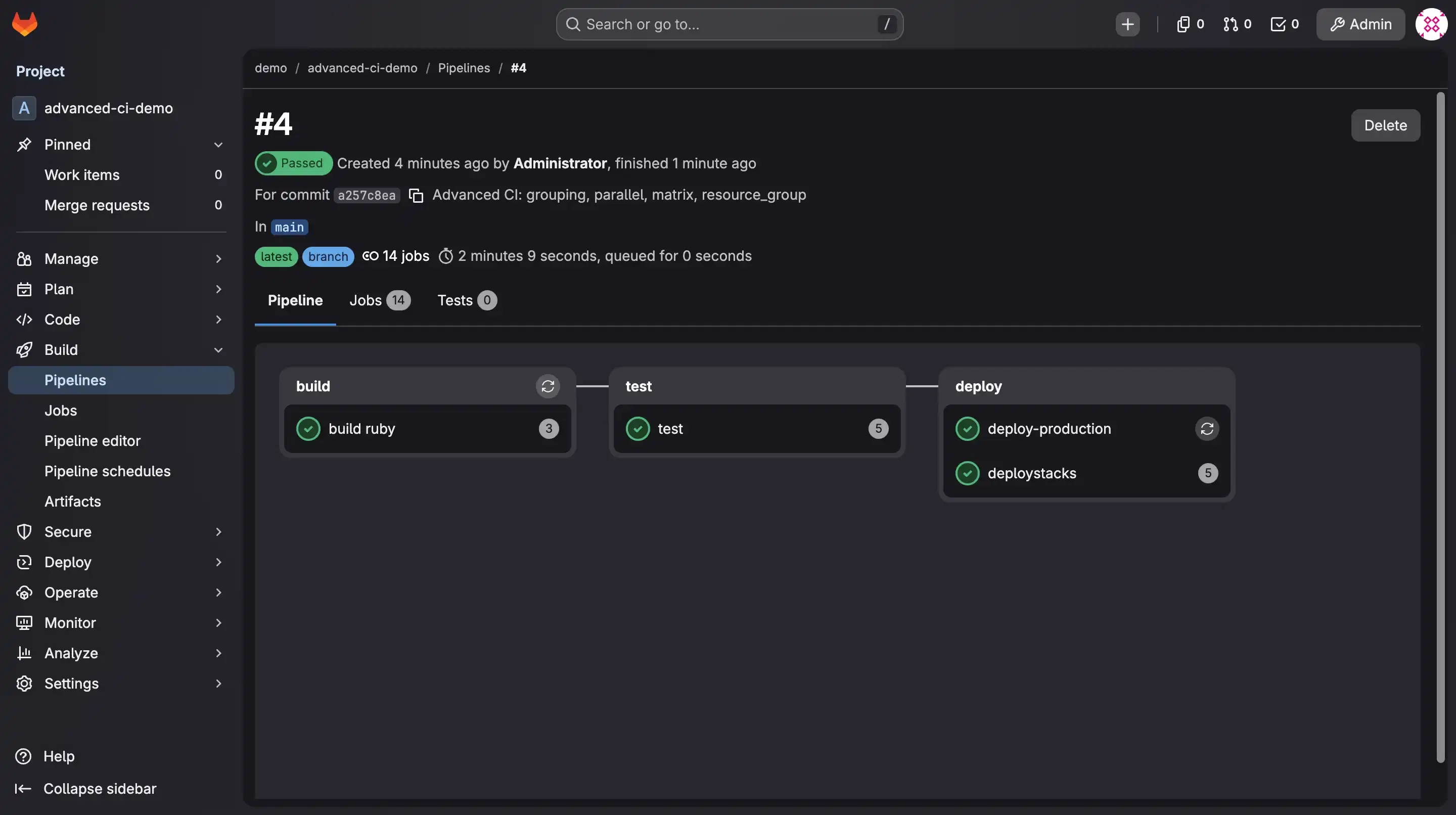 The advanced-ci-demo pipeline graph, with build ruby, test, and deploystacks each collapsed into one group node