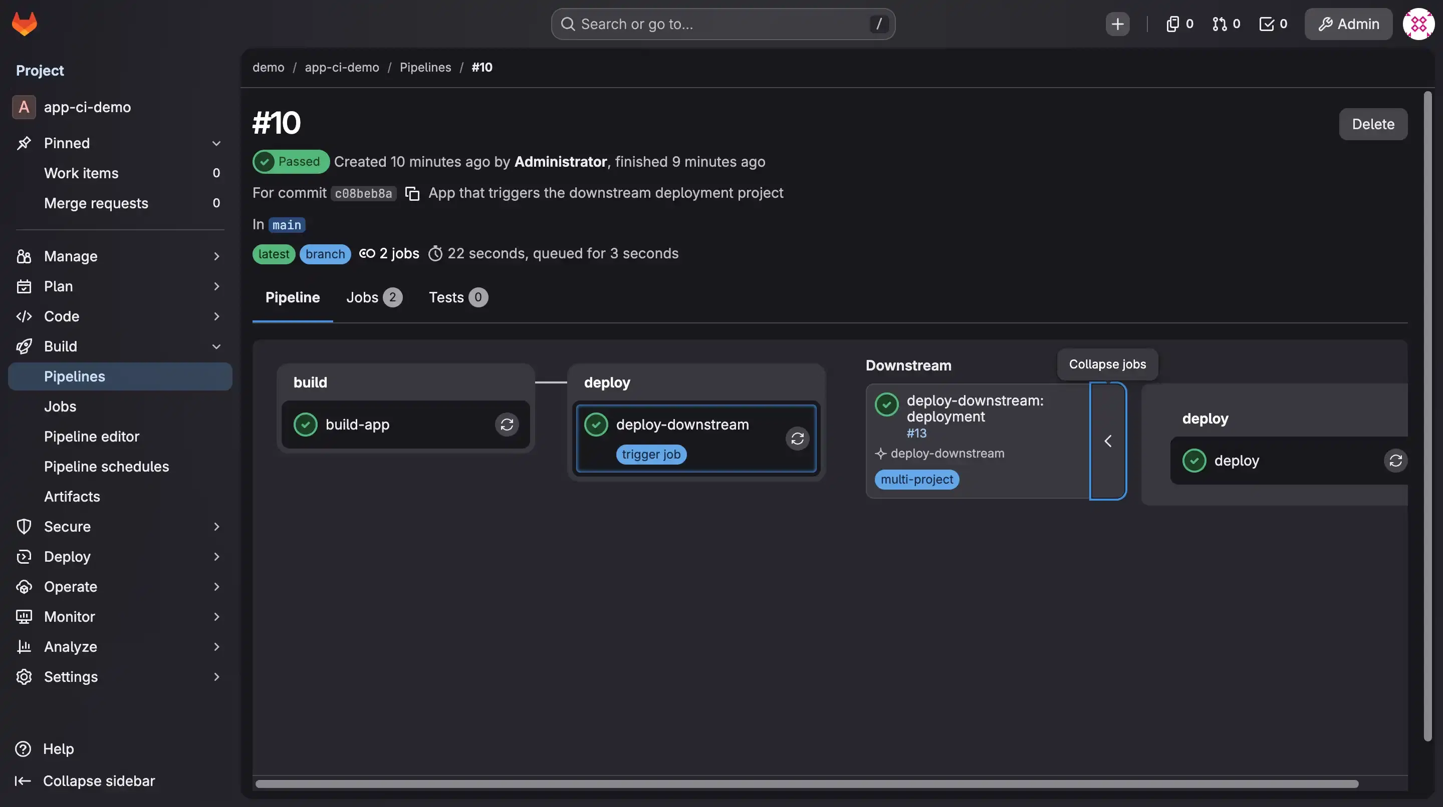 The app-ci-demo pipeline triggering the separate demo/deployment project, the downstream node labeled multi-project