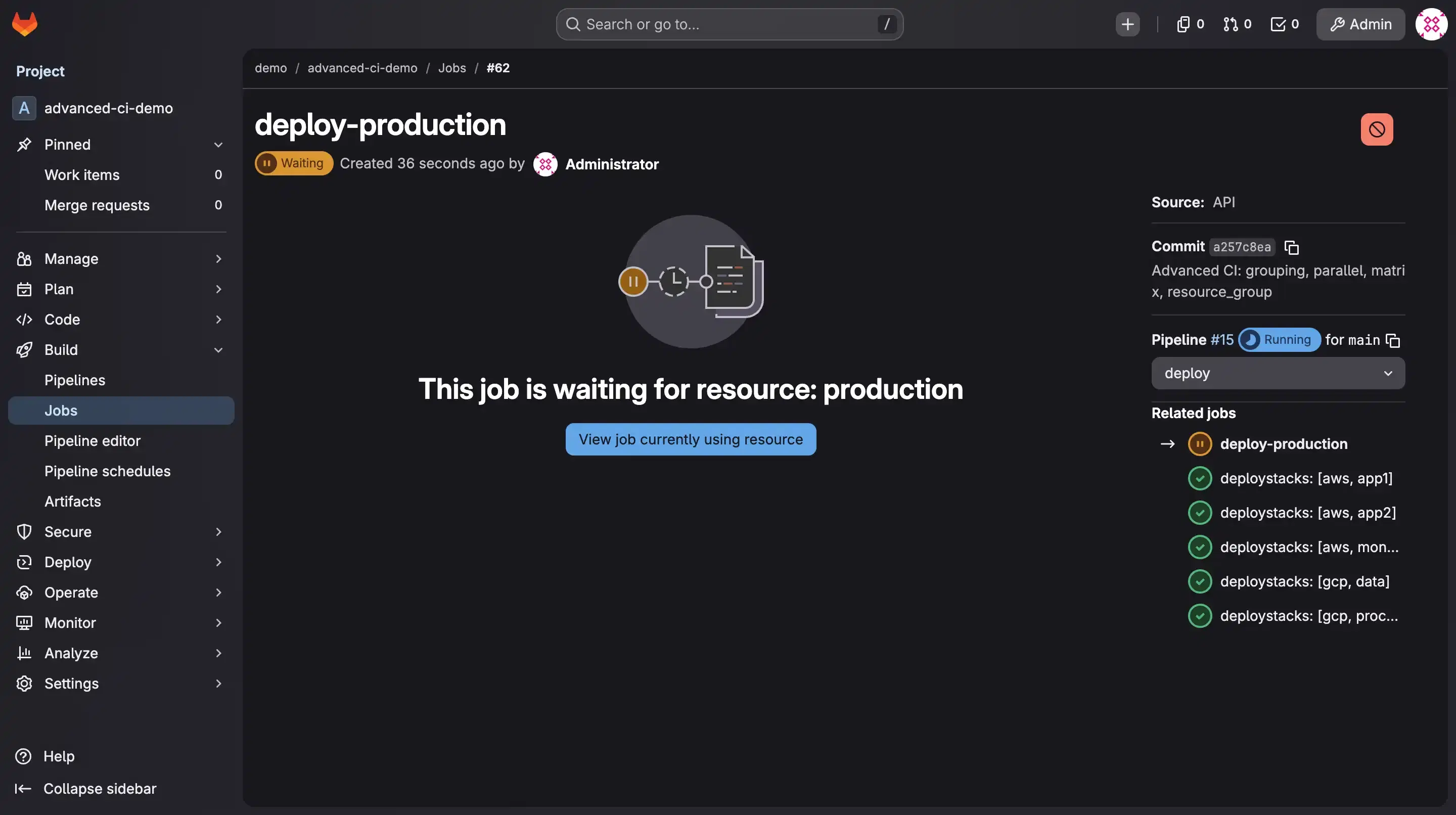The deploy-production job showing 'This job is waiting for resource: production', with a button to view the job currently holding it