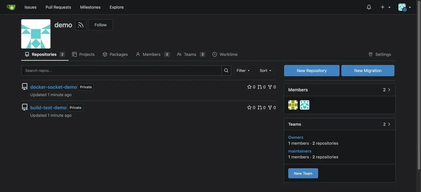 The demo org with both seeded repositories